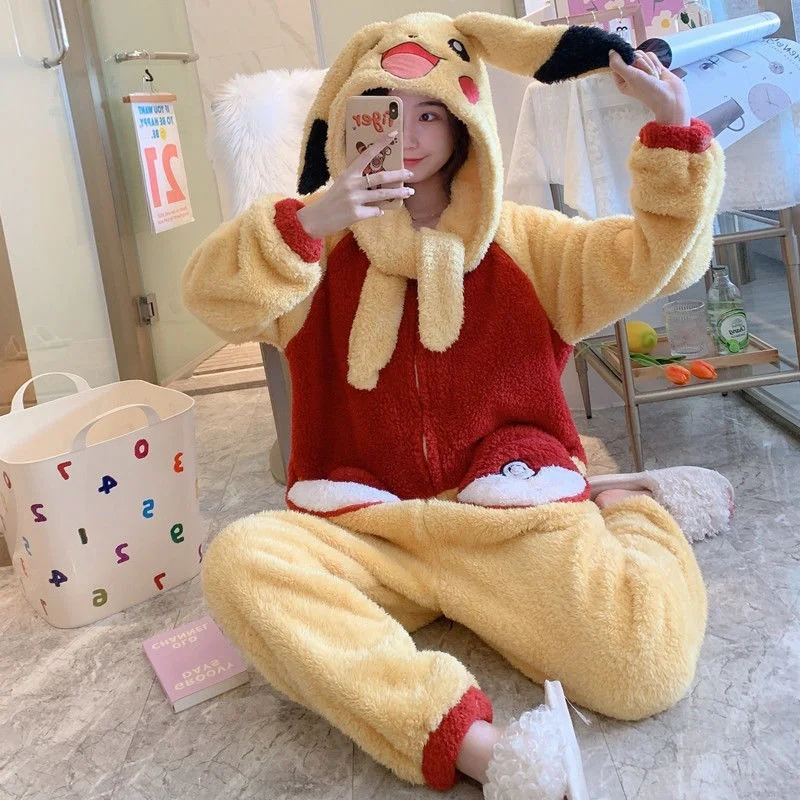 Pajamas Female Autumn and Winter Cute Cartoon Hooded Coral Velvet Thickened Flannel Warm Home Clothes Can Be Worn Outside Pajama