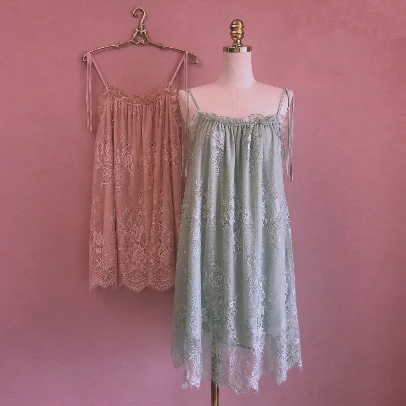 Caiyier Silk Lace Patchwork Bathrobe Nightgown Sexy Ladies Night Dress Green Pink Sleep Dress Summer 2020 Female Lingerie Dress