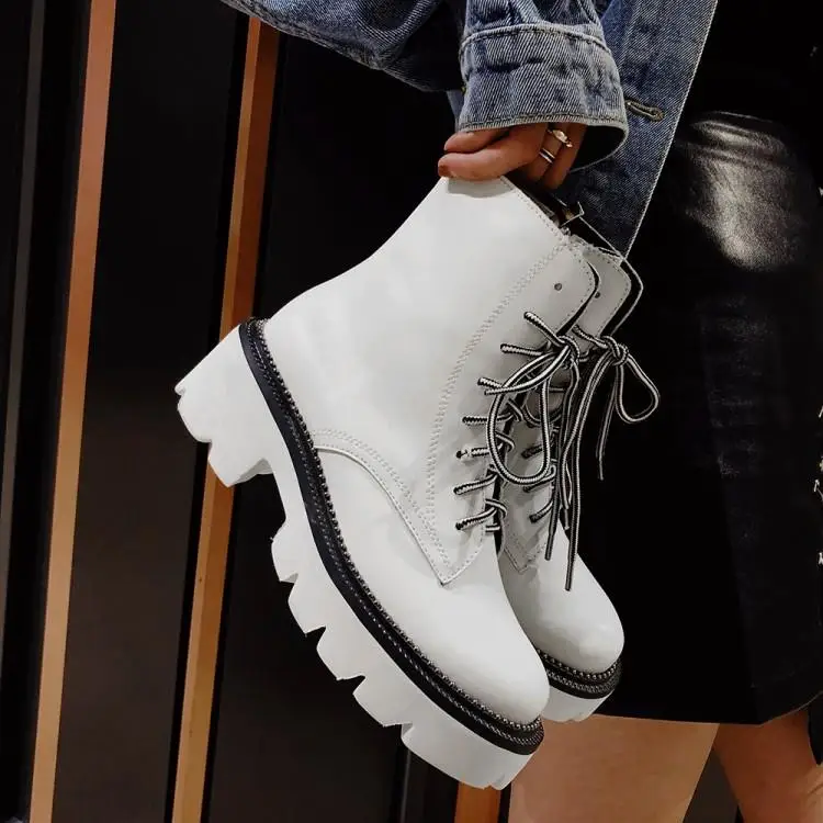 Buono Scarpe Mixed Color Women Ankle Boots Lace Up Female Ankle Botas Mujer Thick Bottom Genuine Leather Boots Fenimina Non-Slip
