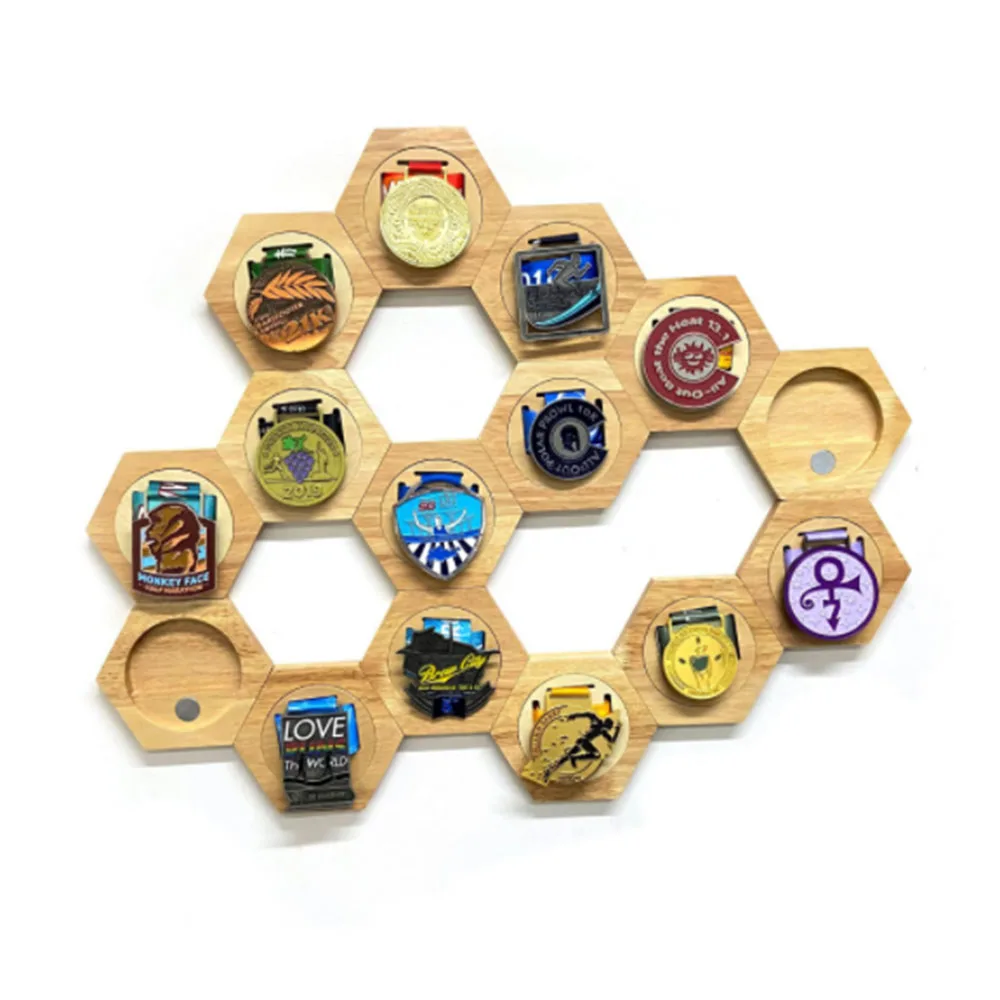 

Wooden Hexagon Medals Storage Shelf Homes Decorative Tool Racks Medal Album for Households Bedroom Decoration1