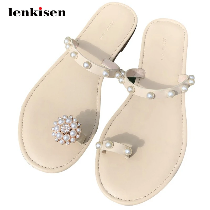 

Lenkisen new arrival leisure gladiator convenient flower pearl beading sweet flip flop slip on beauty lady flats sandals L69