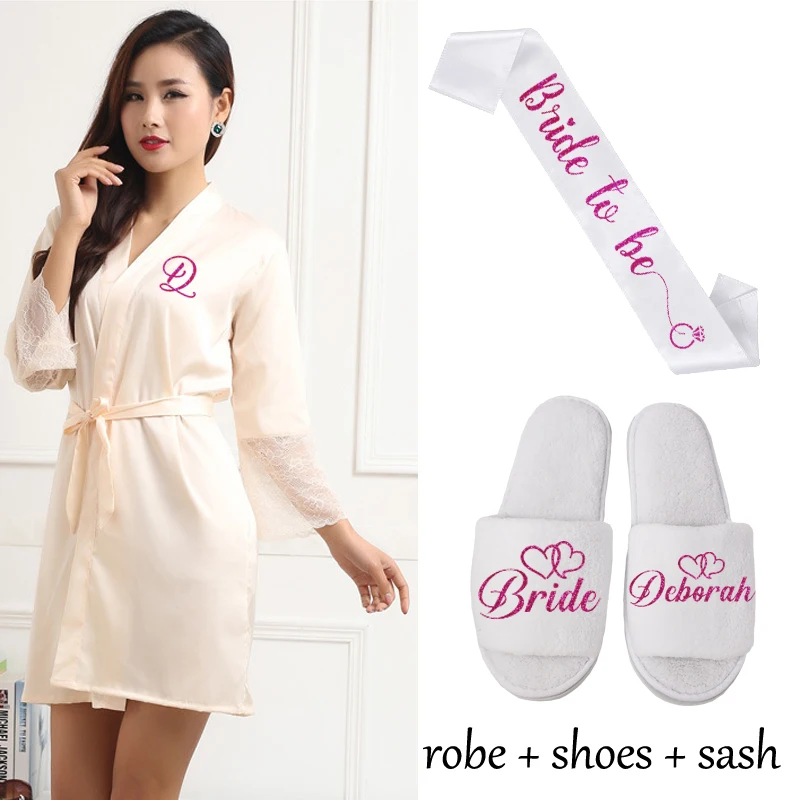 beige robe sash shoe Сексуальное Женское ночное белье с кружевными рукавами, пеньюар, свадебное кимоно, шифон, шелк, женские халаты, халаты для невесты, персонализированное имя - Цвет: beige robe sash shoe