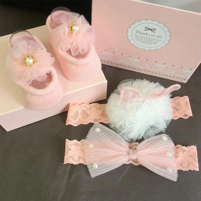 Детские носки и повязка на голову милый комплект кружевные с лентой для волос