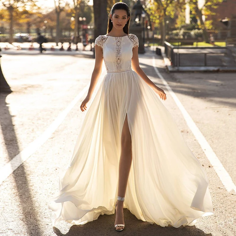 

Eightree Ivory Country Style Cheap China Wedding Dress Lace Cap Sleeve Split Side V Back Vintage Bridal Dresses 2021 Trouwjurk