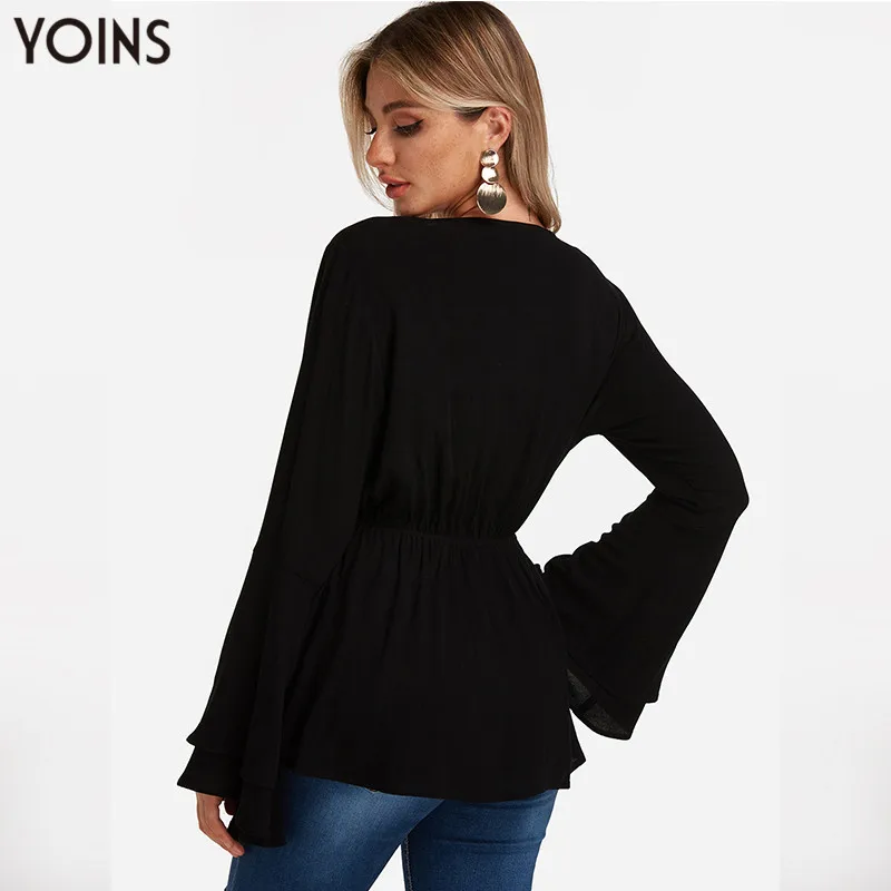 YONIS 2019 весна осень зима женские свитера черные с завязками