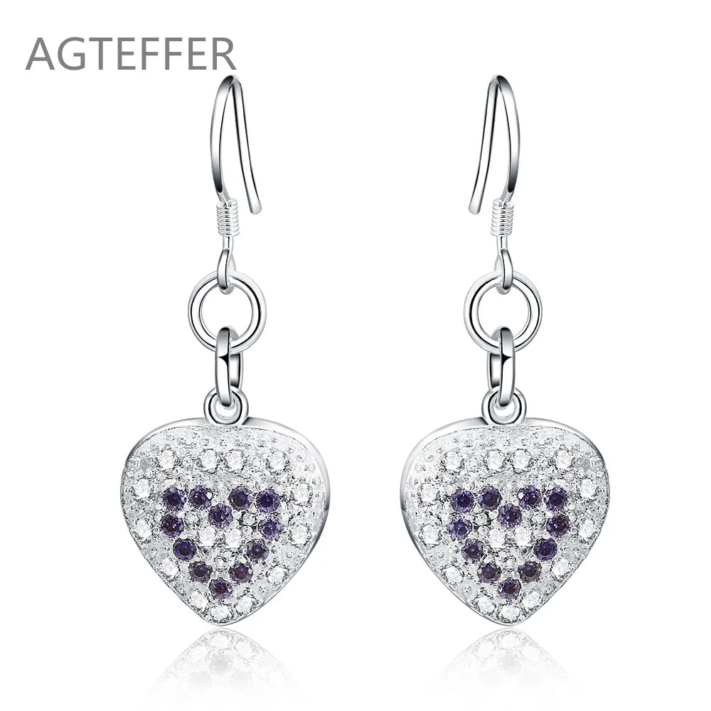 

AGTEFFER 925 Sterling Silver Heart Purple Zircon Earring For Women Wedding Engagement Party Fashion Charm Jewelry