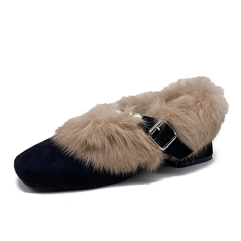 

Square Toe Korean Shoes Women Female Footwear All-Match Loafers Fur Autumn Pearl Decorateion Elegant Casual Sneaker 2021 New Com