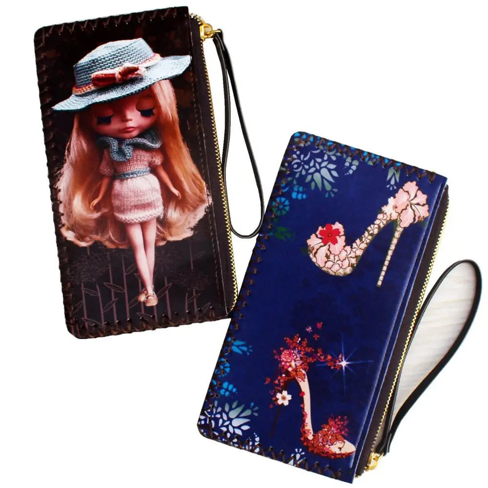 

Cute girl doll high heel print purse ladies wallet women clutch Wrist wallet female handmade long Womens Thin wallets and purses
