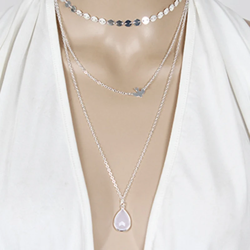 

2021 New Peace Dove Soar Flying Layers Crystal Sequins Chain Pigeon Bird Water Drop Pendant Multilayer Necklace