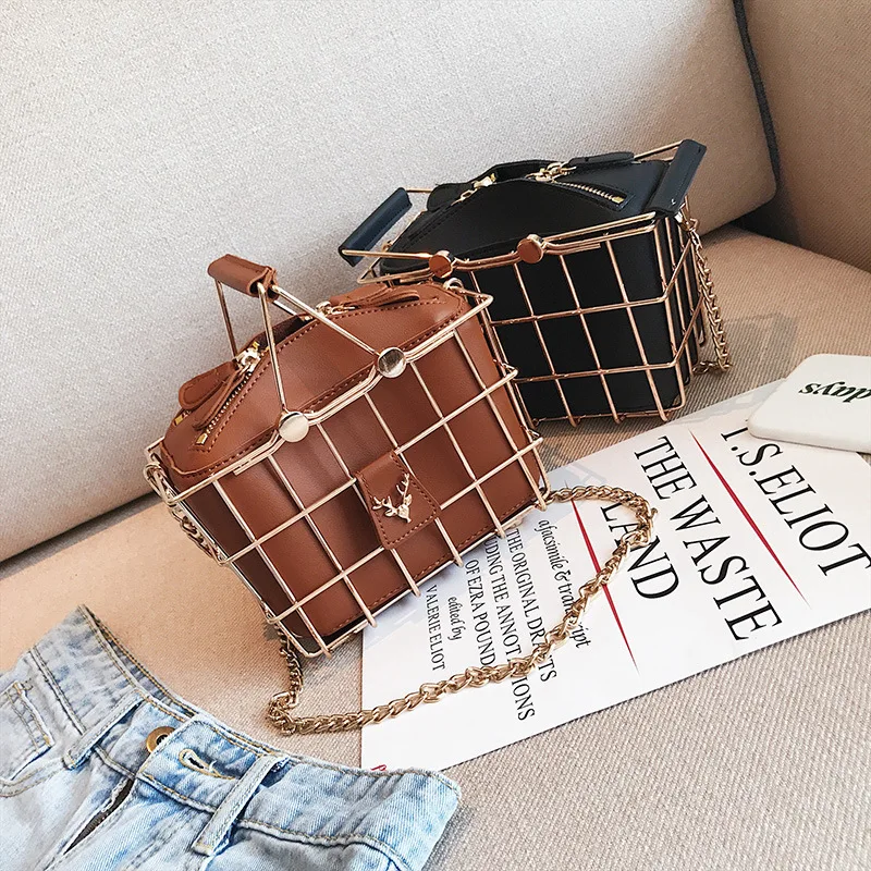 New All-Match Metal Frame leather Handbags Personality Bird Cage Crossbody Bags Women Casual Motorcycle Bag Iron Basket Handbag | Багаж и