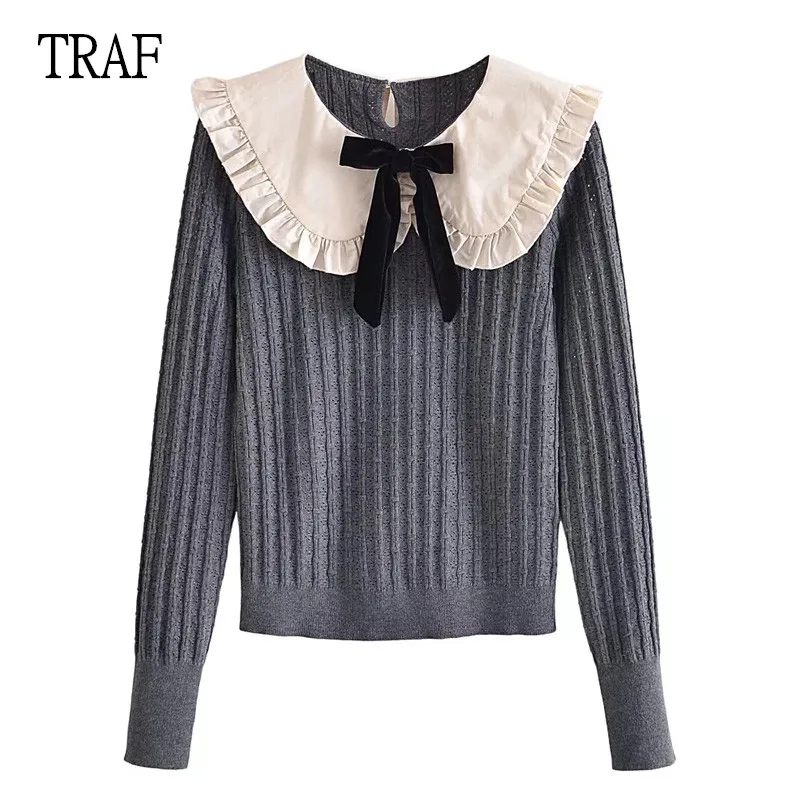

TRAF Women Sweater Pullovers 2022 New Fashion Velvet Bow Knitted Sweater Woman Lapel Long Sleeve Elegant Jumper Chic Tops