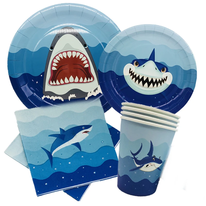 

Shark Party Disapobe Plates/Cups/Napkins Baby Shower Boy 1th Birthday Party Supplies Gift For Child Shark Party Decor