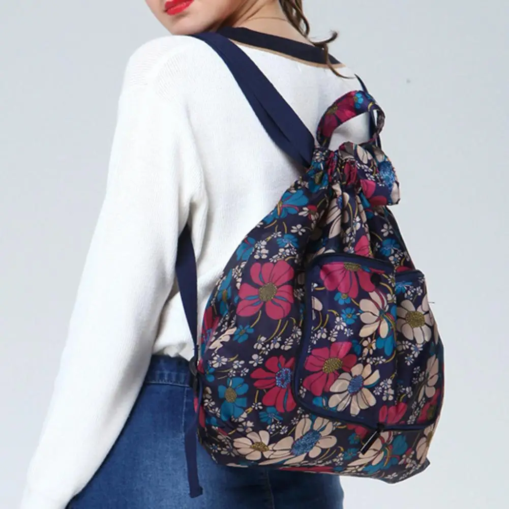

Foldable Flower Print Nylon Drawstring Waterproof Large Capacity Backpack Handbag for Shopping