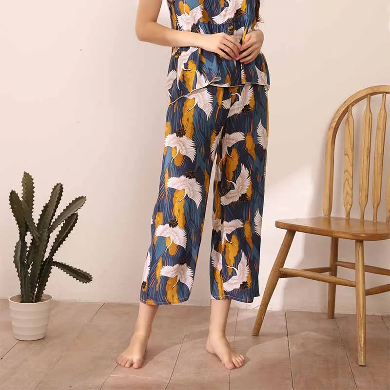 

Ladies Pajamas Set Sexy Camisole+Pants 2Pcs Set Women Elegant Sleepwear Set Comfort Homewear Femme Loose Casual Wear For Spring