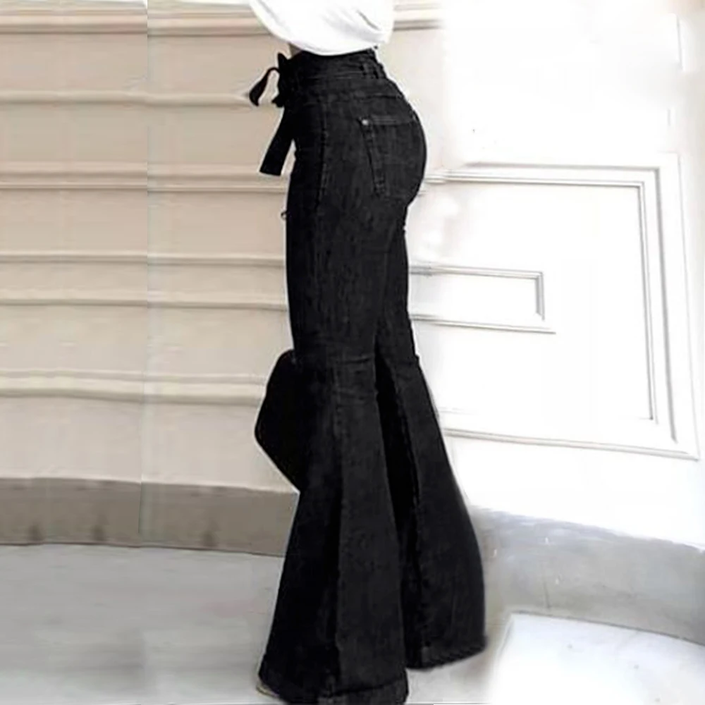 

Women Wide Leg Denim Jeans High Waist Bandage 2021 New Women Spring Summer Jean Ladies Stretch Fare Long Pants