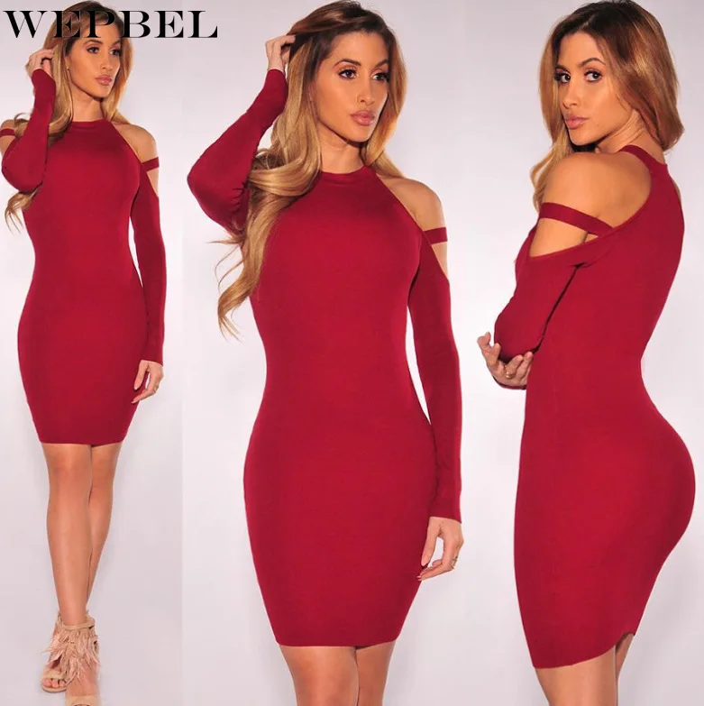 

WEPBEL Sexy Dress Women's Casual Solid Color Slim Dress Spring Summer Fashion Long Sleeve O-Neck Strapless High Waist Dress