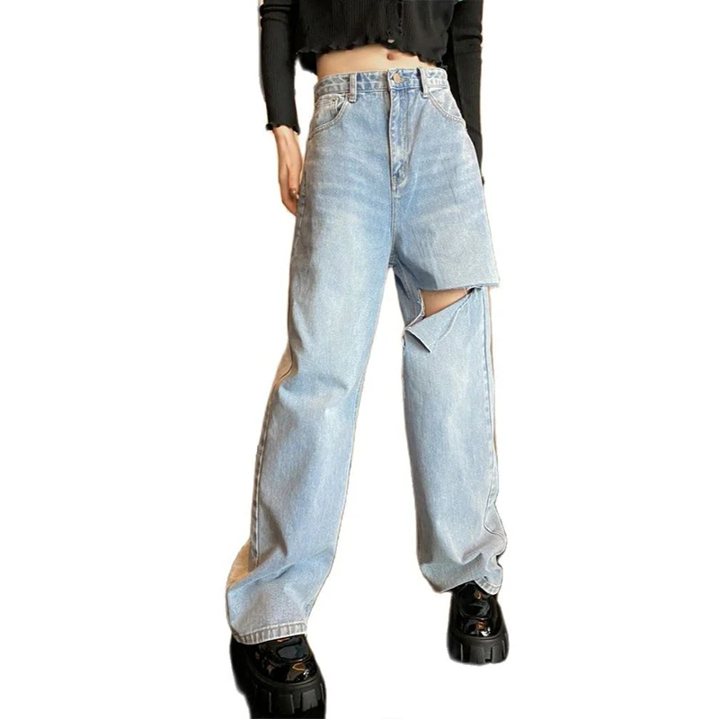 

High waist wide leg ripped jeans women loose slim straight leg pants women trousers summer Korean fashion women's clothing