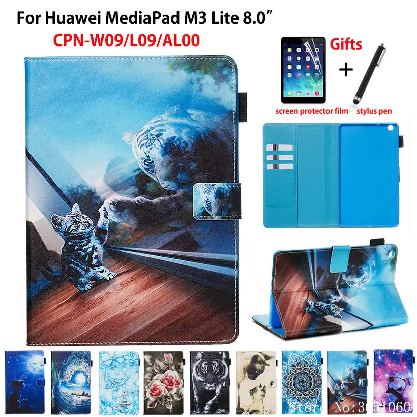 

Case For Huawei Mediapad M3 Lite 8.0 CPN-L09 CPN-W09 CPN-AL00 8" Cover Funda Tablet Animal Pattern Stand Skin Capa Shell +Gift