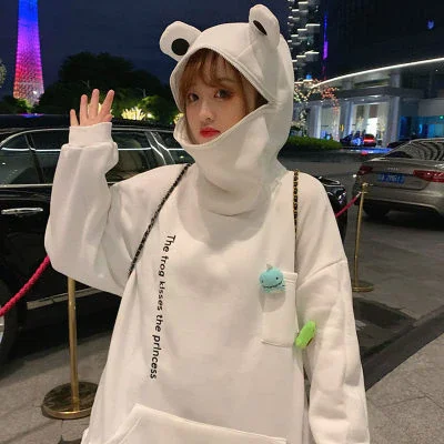 

Harajuku Women Frog Pullover Hoodie Winter Sense Hooded Casual Sweatshirts Autumn Embroidery Loose Top Doll Decoration Hoodies