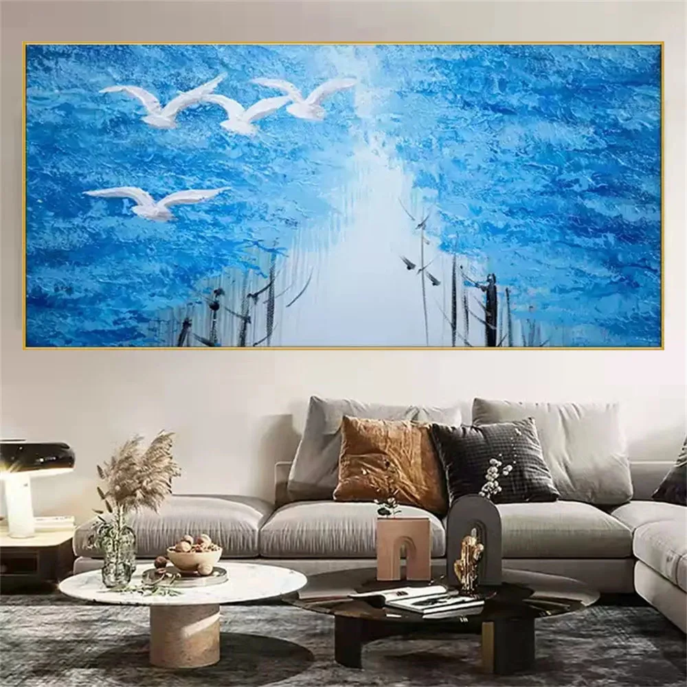 

Hand painted beautiful oil painting abstract blue in sky Seagull suspension bridge canvas wall painting modern living room decor