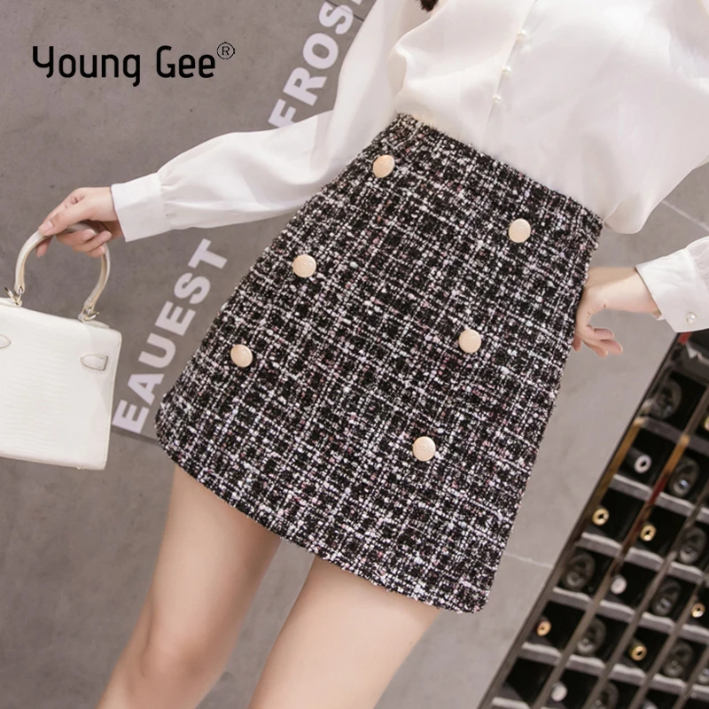 

YoungGee Women Vintage Plaid Gold Double-Breasted Runway Tweed A-Line Skirt Office Ladies High Waist Femininas Chic Short Skirts