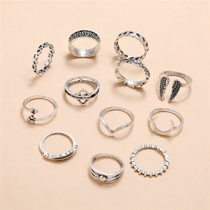 BUTEELUVV этнические 12 шт./компл. ретро крылья полые кольца сердца для женщин костяшки