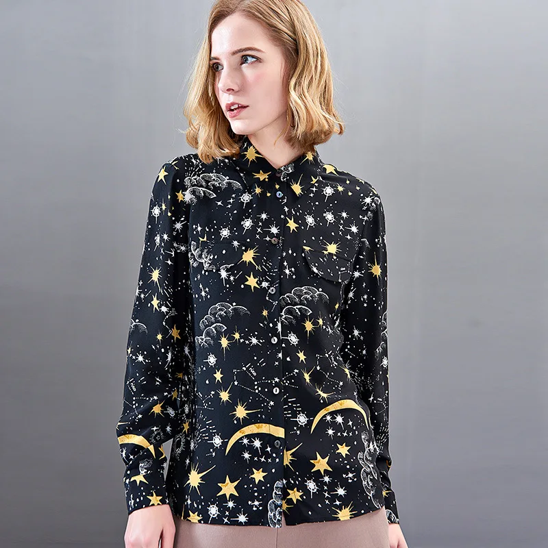 women s blouses and tops silk floral office formal casual shirts plus size 2019 summer sexy Haut femme black white star print