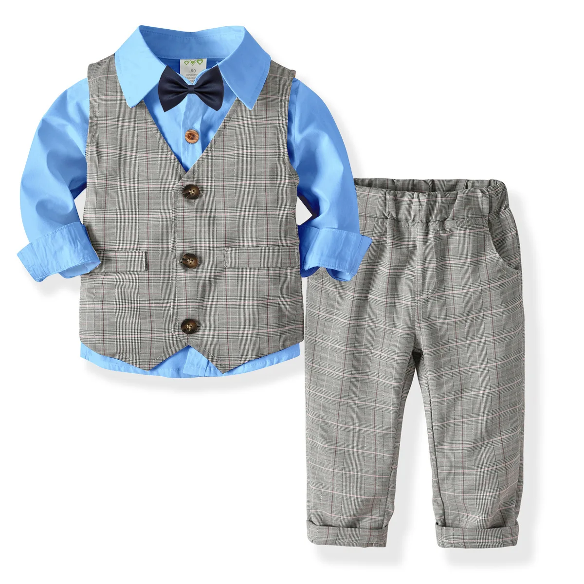 

Spring&Autumn Boy Gentleman Suit Solid Shirt with Bow Tie+ Grey Plaid Vest+Trousers Formal Kids Clothes Set Children Clothing