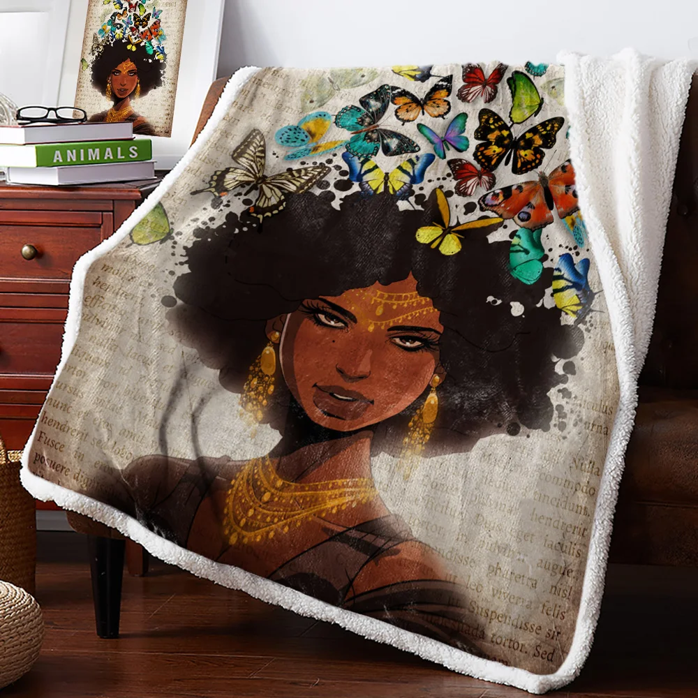 Зимнее кашемировое одеяло Африканская женщина Цветочная бабочка Ретро Газета