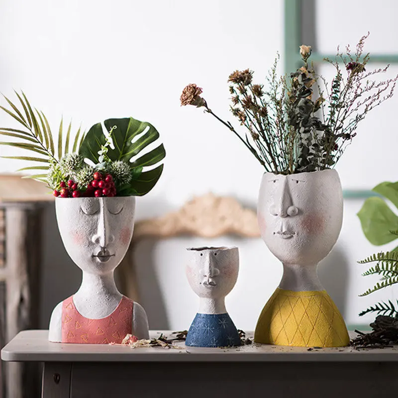 

Portrait Flower Pot Vase Decoration Sculpture Resin Human Face Family Flower Pot Handmade Garden Storage Arrangement Home Decors