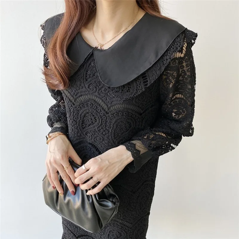 

Mazefeng New 2020 Summer Women Dress Peter Pan Collar Casual Lantern Sleeve Floral Vintage Lace Trumpet Lady Long Dress