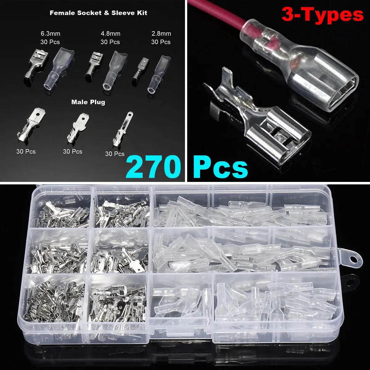 

270pcs Mixed Female & Male Spade Crimp Terminal Connectors Set 2.8/4.8/6.3mm Widely Used In The Electrical Wire Connecting