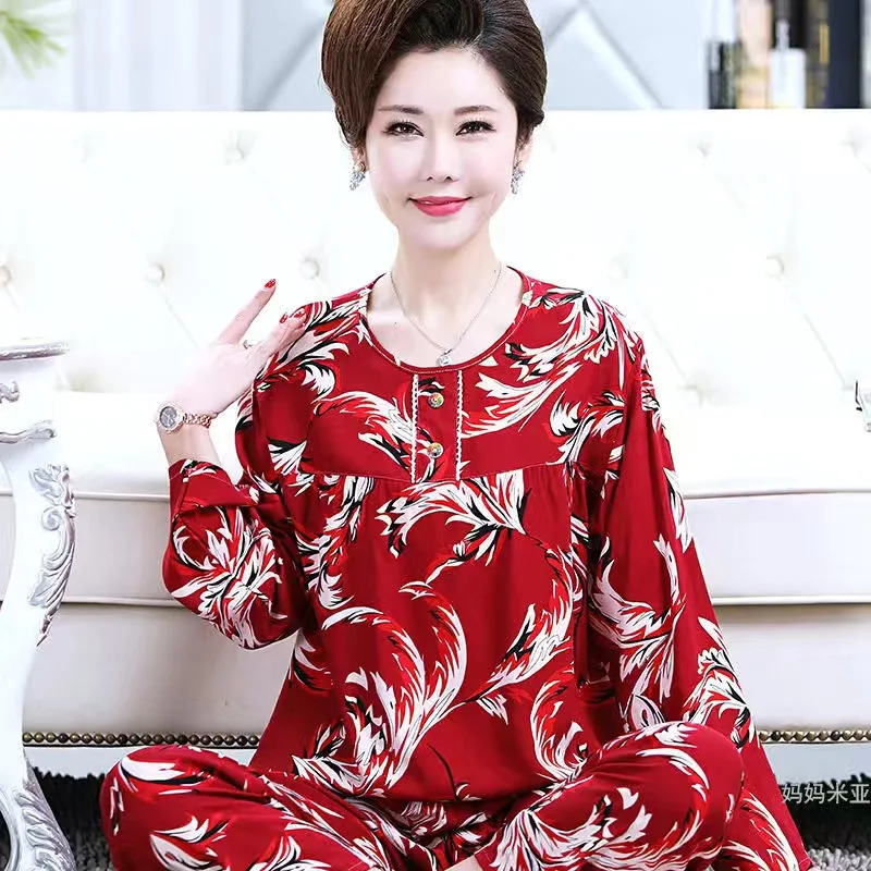 Fdfklak L-5XL Women's Pajamas Set New Printed Cotton Sleepwear Loose Plus Size Long Sleeve Pant 2 Piece Mother's Home Clothes