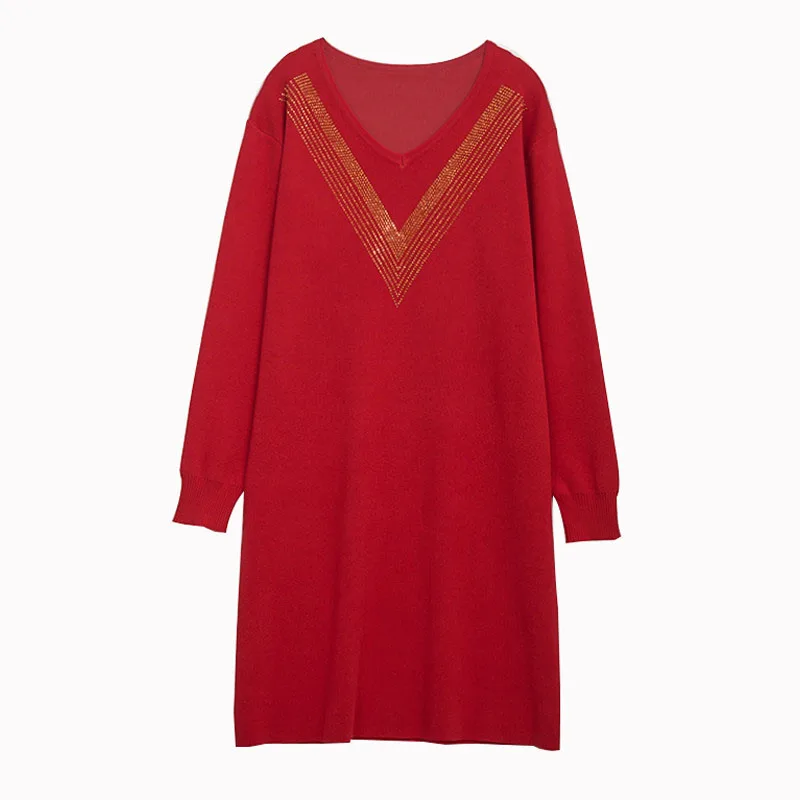 

Women Autumn Winter Sweater Dress Fashion Pullover Knit Dress Female Large Size V-neck Loose Knit Sweater Dress Vestidos R597