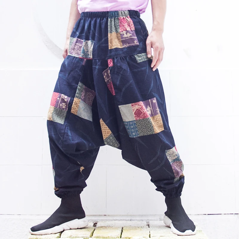 Linen Men Baggy Harem Pants Festival Hiphop Boho Nepal Style Cross-Pants Trousers Casual Loose Print Joggers Pants Male Clothing