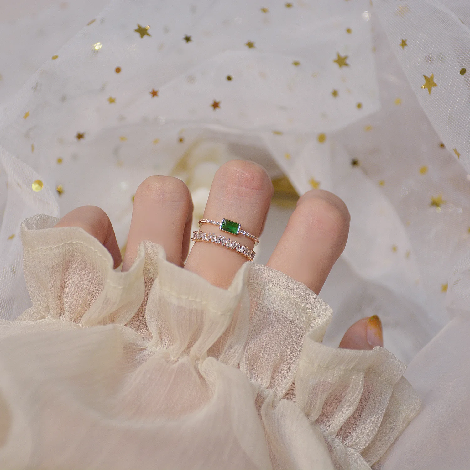 

Korean Luxury Heart Pattern Ring for Women Gril Adjustable Crystal Green Gem Bling Zircon Femme Ring Party Jewelry Accessories