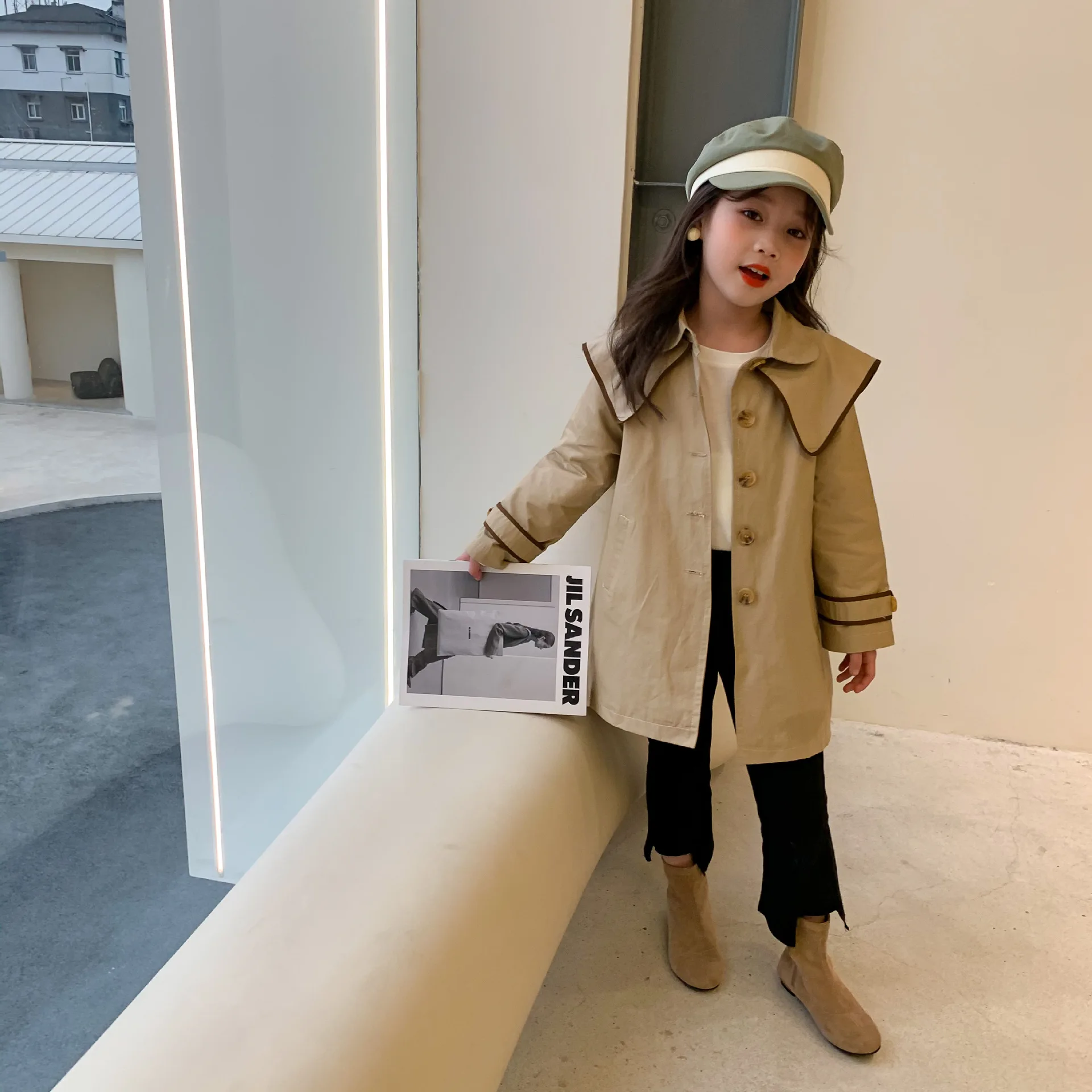 Пальто детское хлопковое цвета хаки с длинным рукавом | Детская одежда и обувь