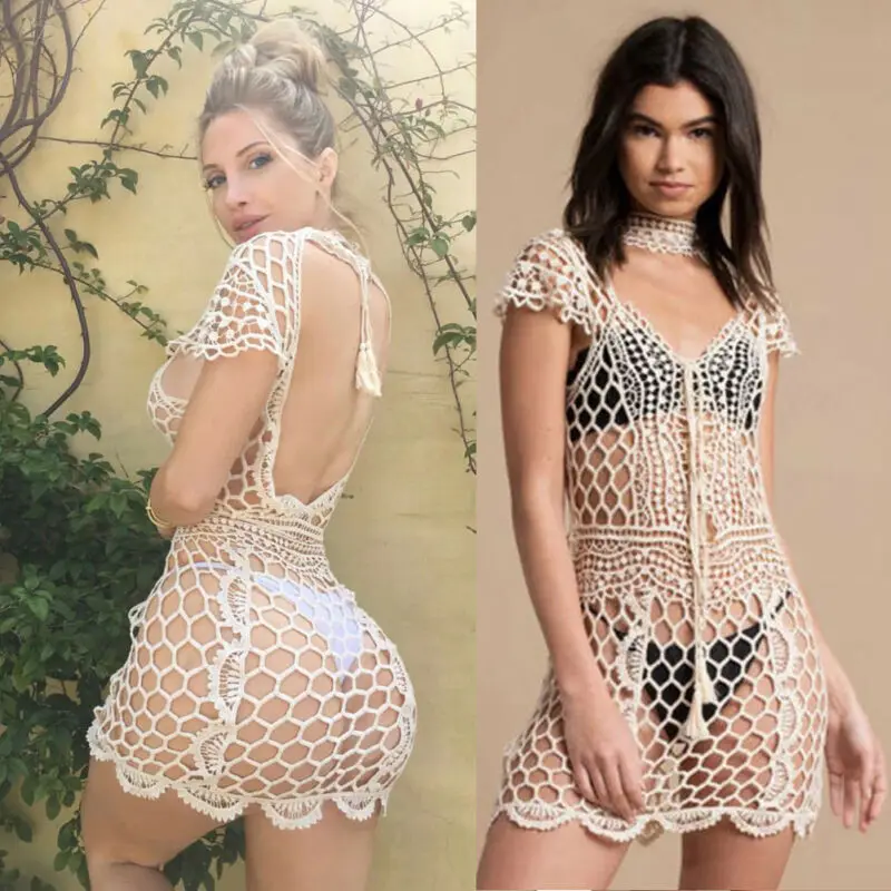 

2019 Summer Women Fishnet Mesh Bikini Cover Up Sarong Swimwear Kaftan Crochet Beach Dress Dropship