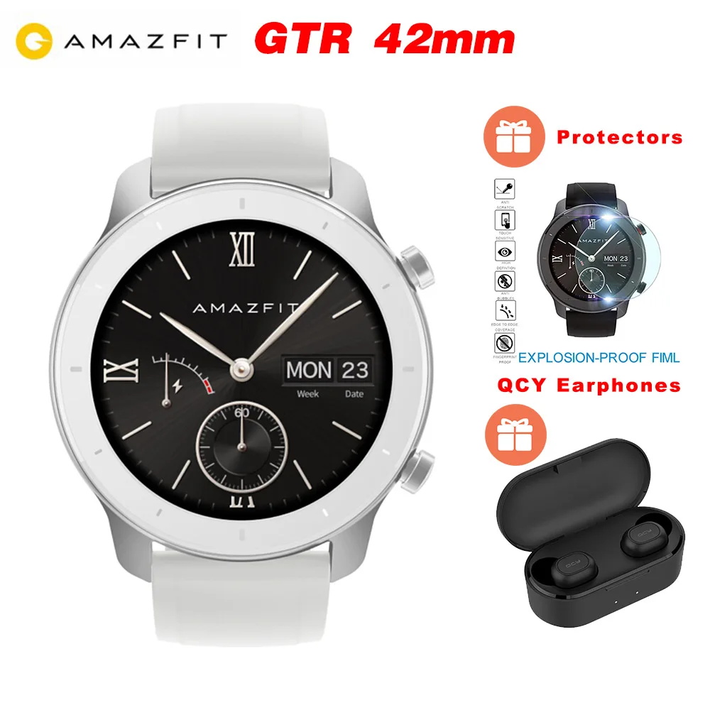 [FREE QCY наушник] Huami AMAZFIT GTR 42 мм умные часы gps 5ATM водонепроницаемые мульти-спортивные умные часы трекер здоровья 24 дня - Цвет: White ADD QCY