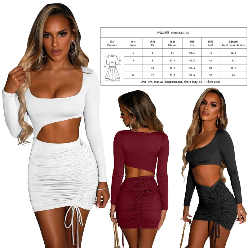

Sexy Women Clothes Winter Hot Dress Hollow Out High Waist Long Sleeve Package Hip Dress White Solid Mini Skirt Hot Girl Dress