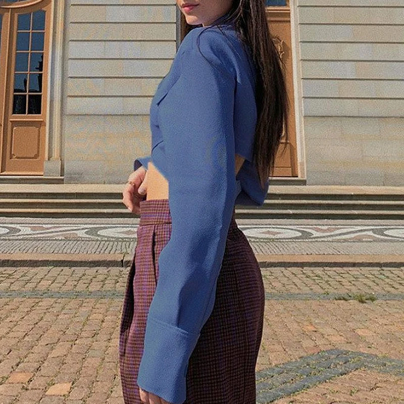 Misswim Elegant long sleeve crop top Blazer coat women Autumn buttons blazer female Cross strap fashion outwear Streetwear new