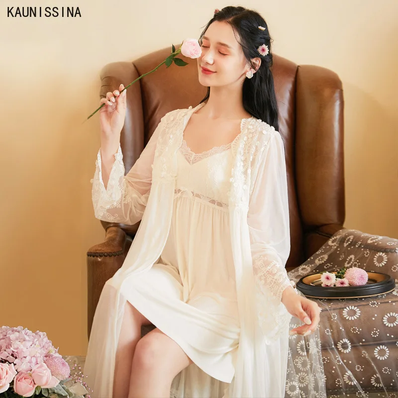 

Spring Autumn Sexy Modal 2 Pieces Sleepwear Women Robe Nightgown Sets Vintage Princess Lace Sweet Ladies Loose Nightwear Clothes