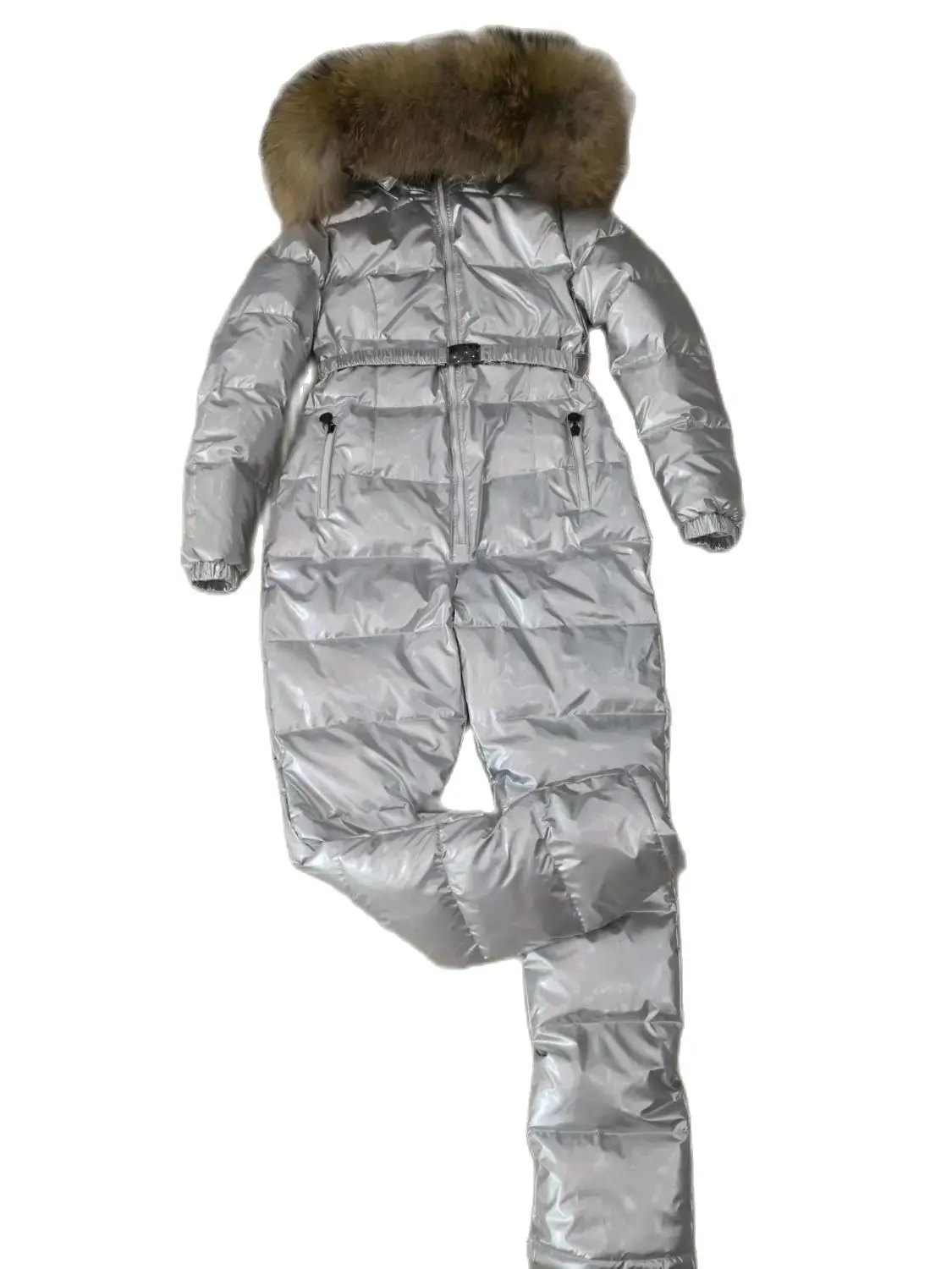 Женский комбинезон с капюшоном зимний из натурального меха размеры XS S M L XL XXL