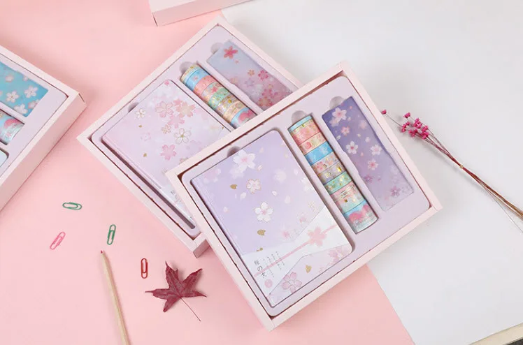 

Sakura Students Notebook Office Stationery Masking Tape Set Delicate Handbook Set Gift Box Package DIY Notebook Set