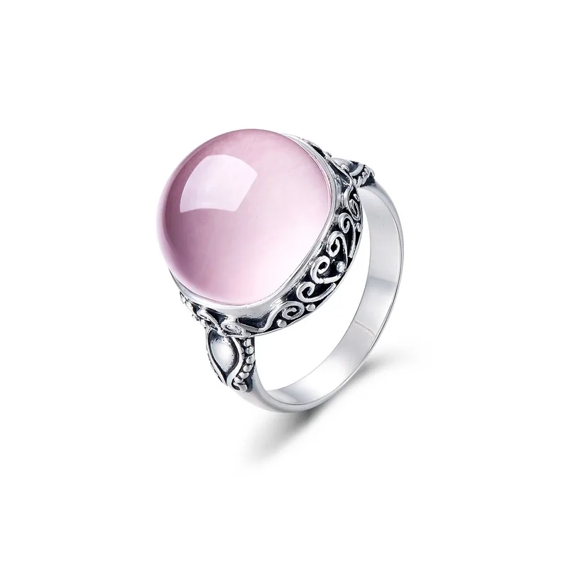 

High Quality 925 Sterling Silver Girls Bohemian Retro Pink Crystal Natural Stone Ross Quartz Rings Female Jewelry Fashion Gift