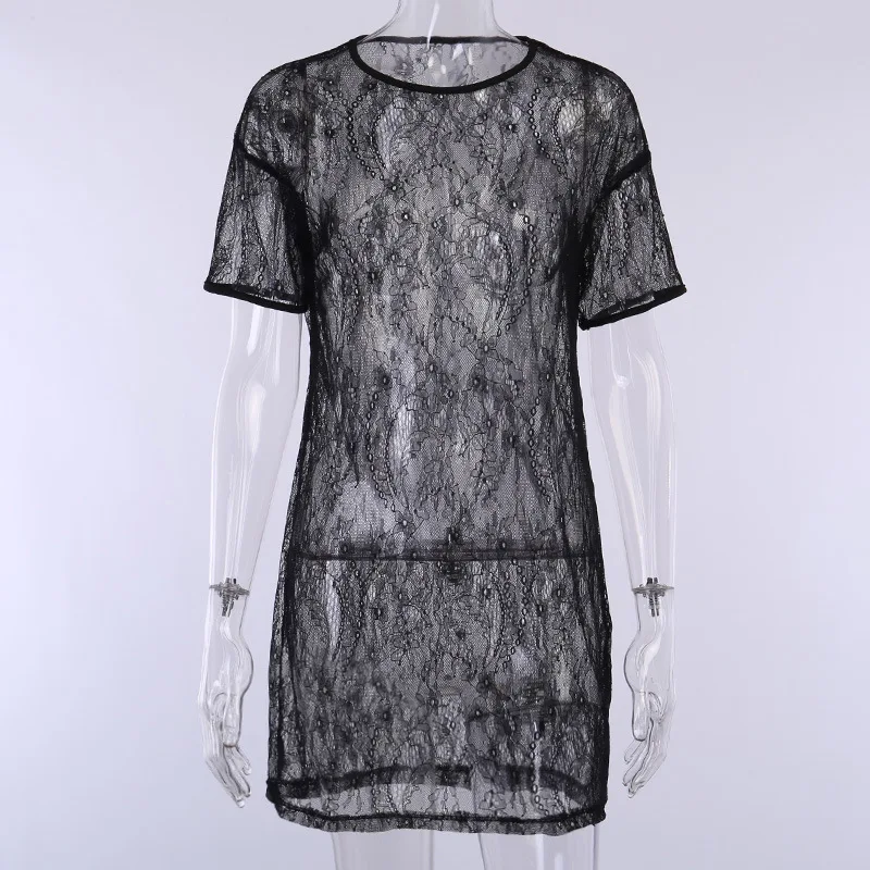 Женское платье с коротким рукавом Gothblack Сетчатое кружевное мини-платье о-вырезом