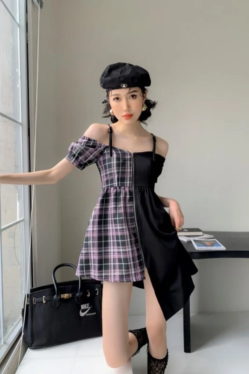 

Women's Plaid Patchwork Black Short Dress 2021 Summer Gothic New Irregular Woman Dress Personality Kawaii Suspender Dress Female