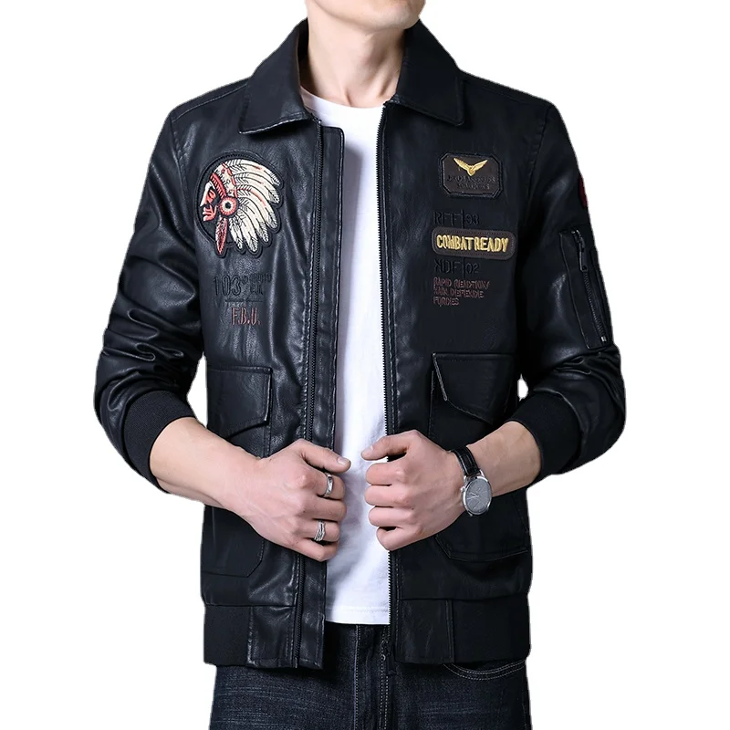 

New Men Autumn Retro Leather Jackets Embroidery Outwear Casual Motorcycle Pu Jacket Biker Leather Windbreaker Multi-Pockets 4XL