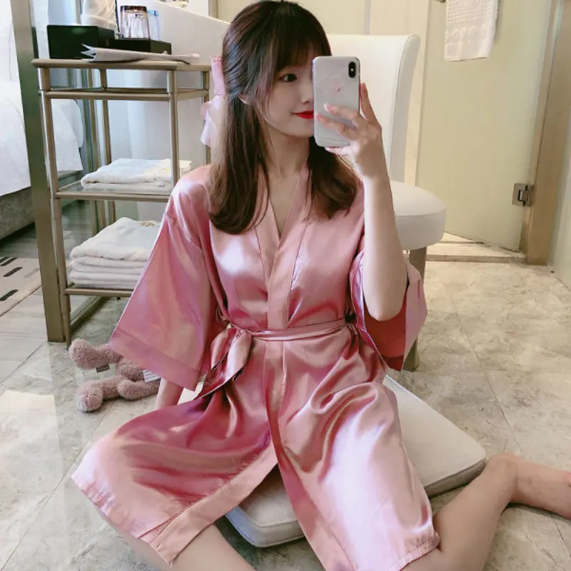 

SLPBELY Sexy Women Pajamas Ice Silk Nightgown Bathrobe Lovely sweet Solid Color Loose Pajamas Comfortable Women Nightrobe
