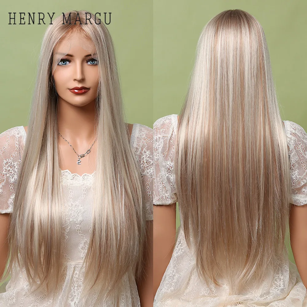 

HENRY MARGU Highlight Long Straight Synthetic Lace Front Wig Mixed Brown Blonde Ombre Lace Wigs for Women Cosplay Heat Resistant